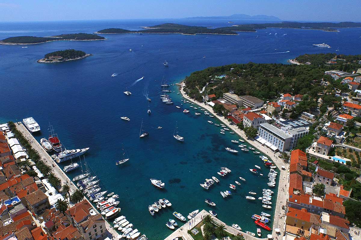 Hvar Town harbour with Pakleni Islands visible across the Adriatic